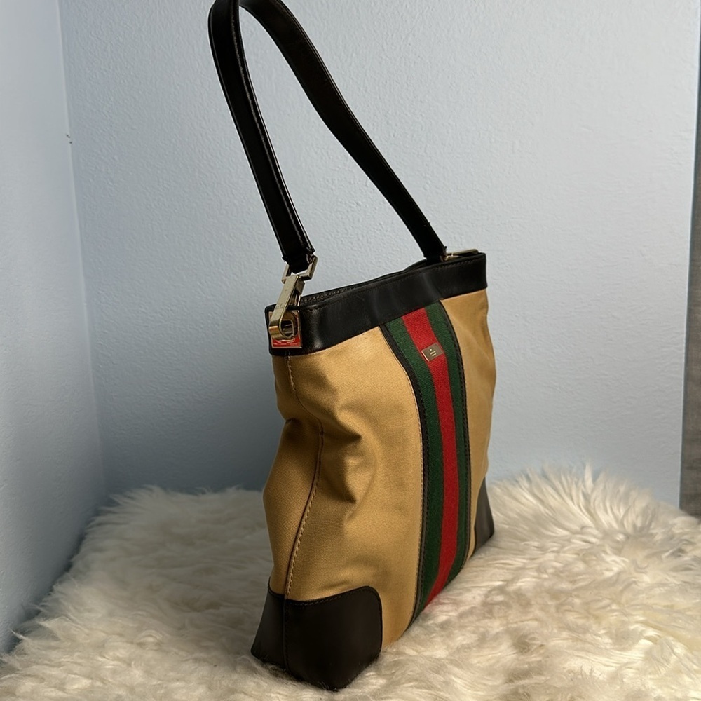 Vintage Gucci Web Stripe Canvas Leather Shoulder Hobo Bag Brown Red Green - Picture 6 of 16